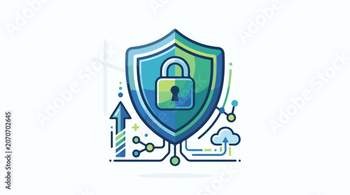 A blue green shield with a padlock and circuit elements on a white background