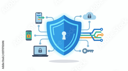 A blue shield with a keyhole surrounded by devices and security symbols