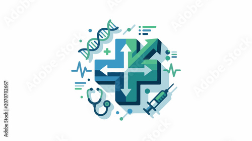 A blue and green medical symbol with a DNA helix, syringe, and stethoscope