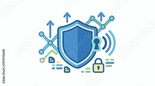 A blue shield surrounded by various security symbols and graphs on a white background