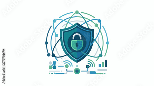 A blue shield with a padlock surrounded by green and blue lines and dots