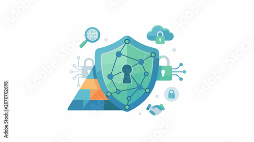 A blue and green shield with a keyhole surrounded by various security-related icons