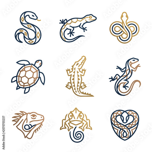 Set of stylized reptile and amphibian icons: snake, lizard, turtle, alligator, iguana, frog