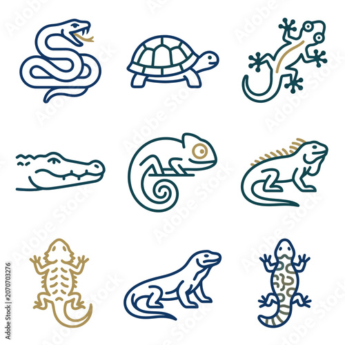 Reptile Icon Set: Snake, Turtle, Lizard, Crocodile, Chameleon, Iguana, Gecko