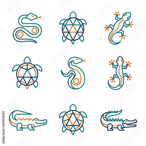 Set of Reptile Icons: Snake, Turtle, Lizard, Crocodile - Minimalist Geometric Design