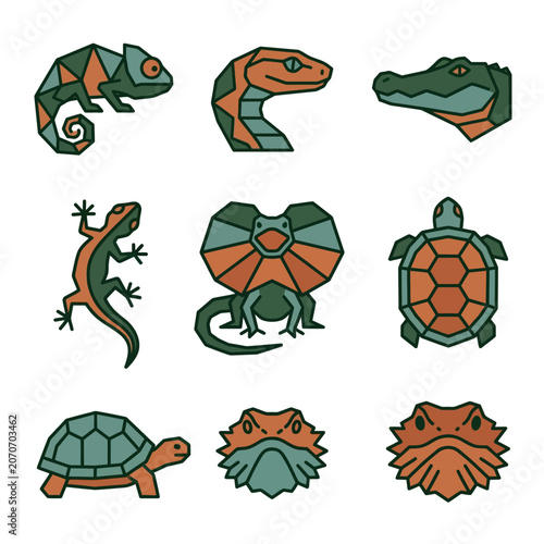 Geometric Reptile Icons Set: Chameleon, Snake, Crocodile, Lizard, Turtle, Frilled Lizard