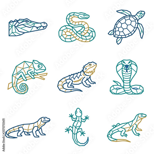 Geometric Reptile Collection: Crocodile, Snake, Turtle, Chameleon, Lizard, Cobra, Komodo