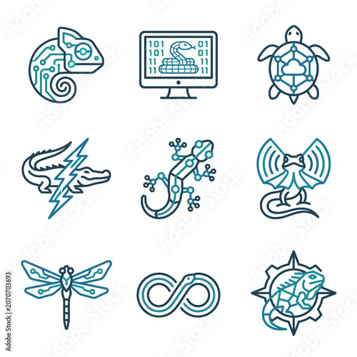 Digital Animals: Tech-Inspired Icons - Chameleon, Computer, Turtle, Alligator, Lizard, Dragon