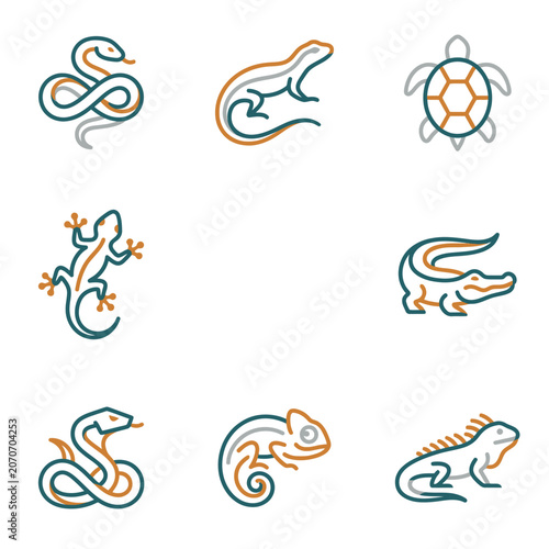 Reptile Icon Set: Snake, Lizard, Turtle, Crocodile, Iguana, Chameleon - Outline Graphics