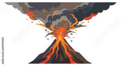 Fotografie Volcano eruption with smoke and lava flow vector illustration silhouette