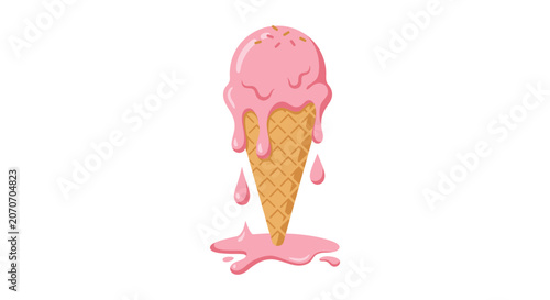 Εκτύπωση καμβά Pink ice cream cone with melting drips flat vector silhouette