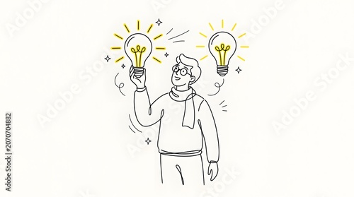 An individual is depicted holding an illuminated lightbulb representing the concept of innovation inspi n and finding a brilliant solution to a problem