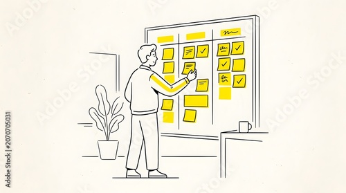 An individual is actively organizing workflow and setting daily tasks by arranging colorful sticky notes across a workspace