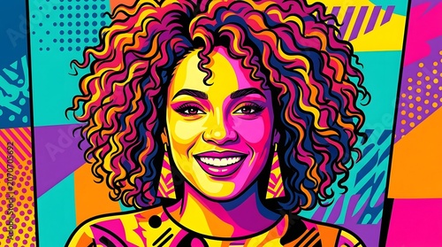 This is a colorful and energetic pop art style portrait featuring a smiling woman  The image utilizes bright colors and bold lines to create a dynamic modern