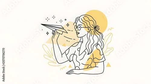A woman is captured in a moment of peaceful leisure while carefully holding a handmade paper airplane  This image evokes themes of creativity freedom simple joy
