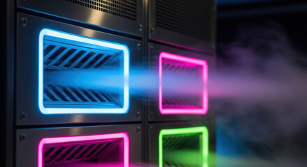 Neon light fusion creates power of colorful progress with glowing vents emitting vibrant blue pink and green mist in dark setting