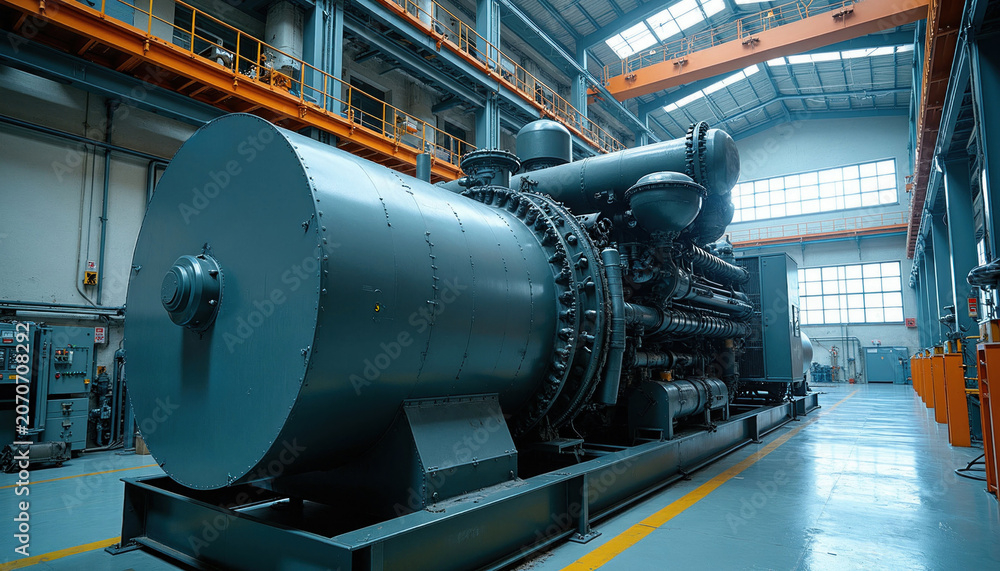 Naklejka premium Large industrial gas turbine engine inside modern power generation facility. Heavy machinery produces electric energy. Technical equipment in power plant.