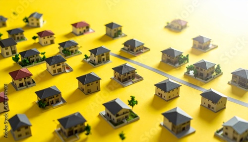 Miniature Model Houses with Trees on Yellow Background Showcasing Urban Planning, Real Estate, and Conceptual Photography