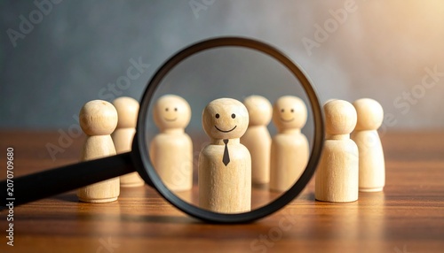 Magnified Wooden Figurine with Tie Among Group Showcasing Recruitment, Individuality, and Conceptual Photography Design