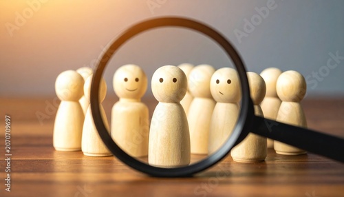 Magnified Wooden Figurine with Tie Among Group Showcasing Recruitment, Individuality, and Conceptual Photography Design