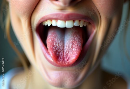 A close-up of a young woman's inflamed, red tongue