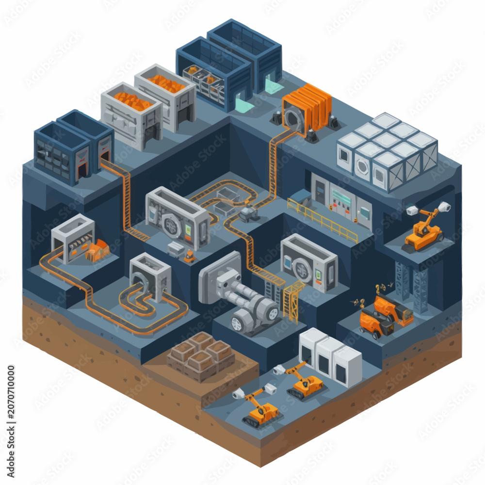 Fototapeta premium Isometric industrial factory complex with robotic automation and logistics systems.