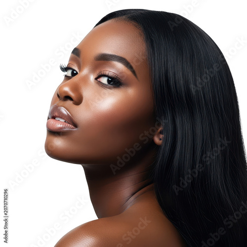 Smiling woman with natural makeup looking up isolated on transparent background