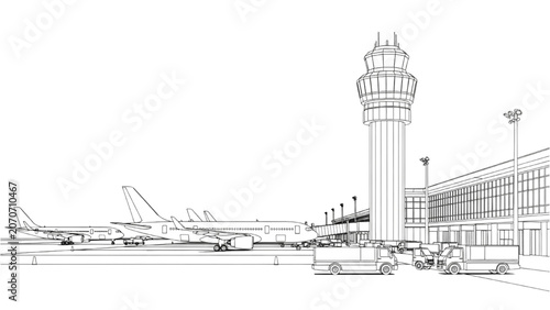Canvastavla 2D AutoCAD Vector illustration of airplanes parked at airport terminal with cont