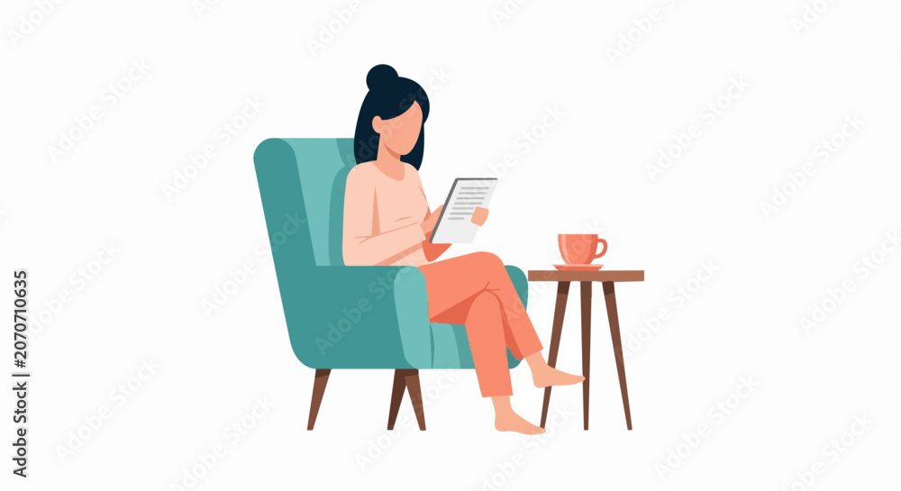 Fototapeta premium Woman Relaxing in Armchair Reading E-book on Tablet Vector Illustration