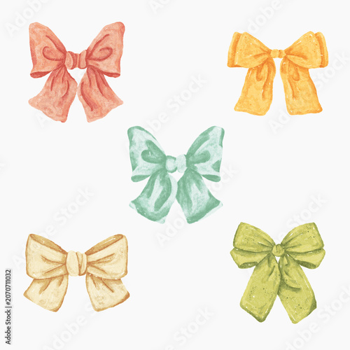 Hand painted watercolor bow collection with pastel pink, yellow, green, and cream ribbons, delicate decorative elements for invitations and packaging
