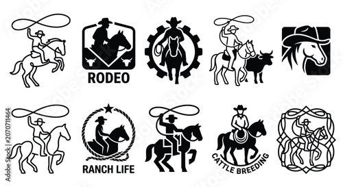 Slika na platnu American Cowboy Riding Horse with Lasso Vector Silhouette for Ranch and Rodeo Lo