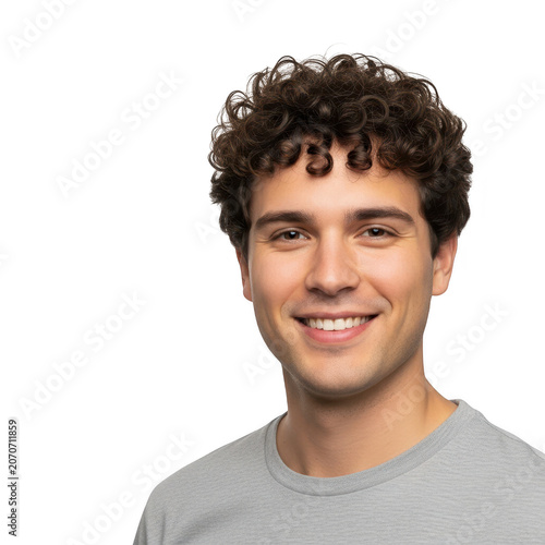Smiling young man with curly hair looking happy isolated on transparent background