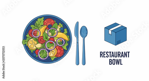 Restaurant Bowl with Salad and Utensils.