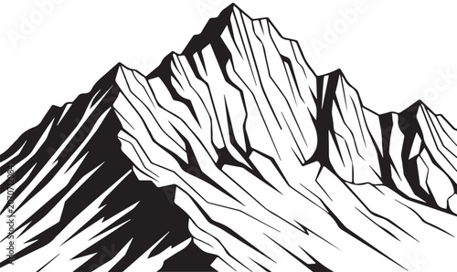 Rocky Mountain Range Black and White Vector Illustration.