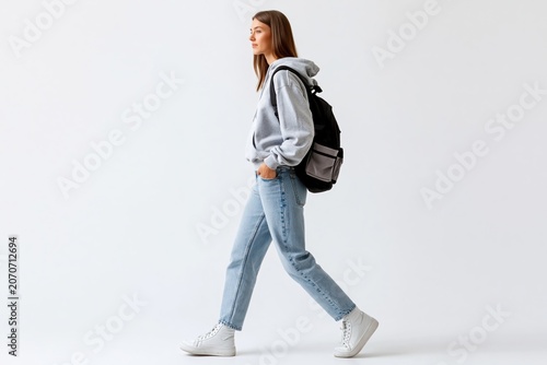 Student woman walking in casual hoodie jeans and sneakers with a black backpack