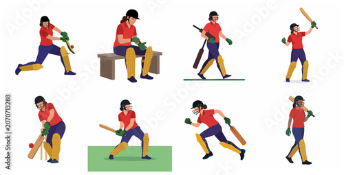 Set of flat vector female cricket player characters in various action poses including batting, running, and celebrating