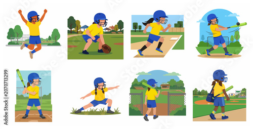Set of flat vector illustrations featuring a young girl baseball player in various poses including batting, running, catching, and celebrating on the field.