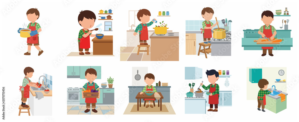 Fototapeta premium Little boy character cooking and preparing healthy meals in the kitchen, collection of vector illustrations showing a child learning culinary skills and eating vegetables.