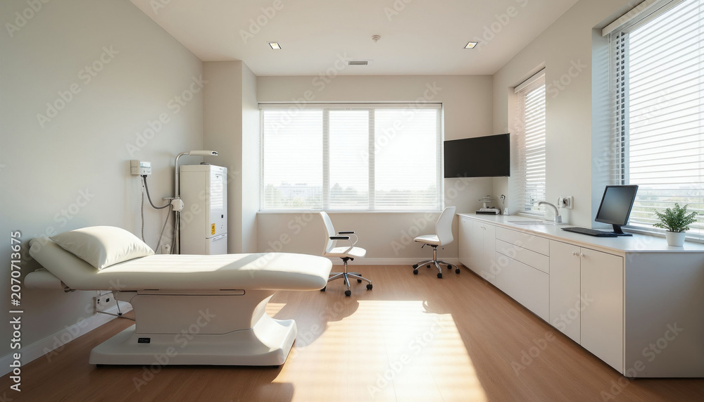 Fototapeta premium Modern medical examination room with comfortable white treatment table. Large window provides natural light, bright clinic interior. Two chairs and desk with computer, sink. Clean, hi-tech heal space.