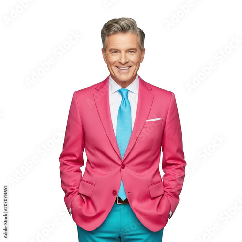 Smiling man in pink suit jacket and turquoise shirt isolated on transparent background