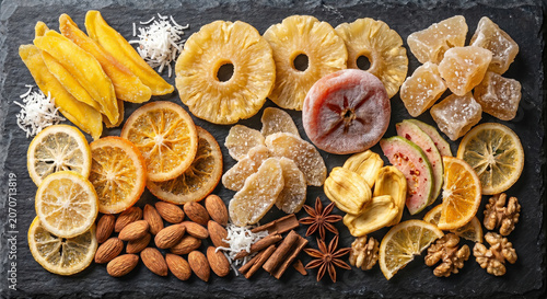Tropical Dried Mango Pineapple and Jackfruit Feast on Black Stone Top View 8K