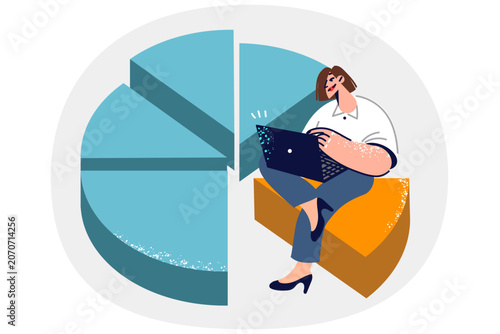 Fotografi Woman statistician sits on giant chart with laptop in hands, analyzing big data