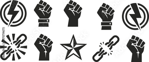 Black power icons collection fist lightning chains and star symbols