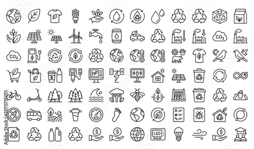 Modern Eco Environment Icon Pack with Earth Leaf Sustainable Fashion and Green Energy Symbols