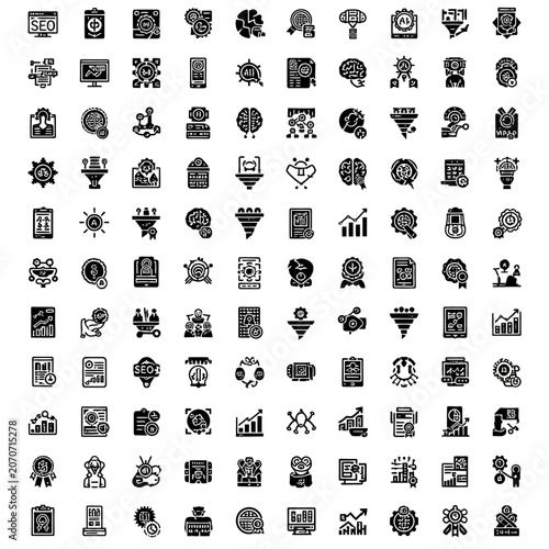 Collection of monochrome icons representing various concepts and objects.