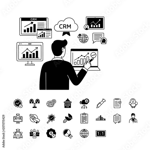 Businessman analyzing data on multiple screens with various icons representing different aspects of business and technology.