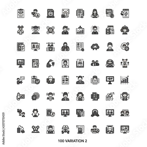 Collection of one hundred black and white icons representing various business and technology concepts.