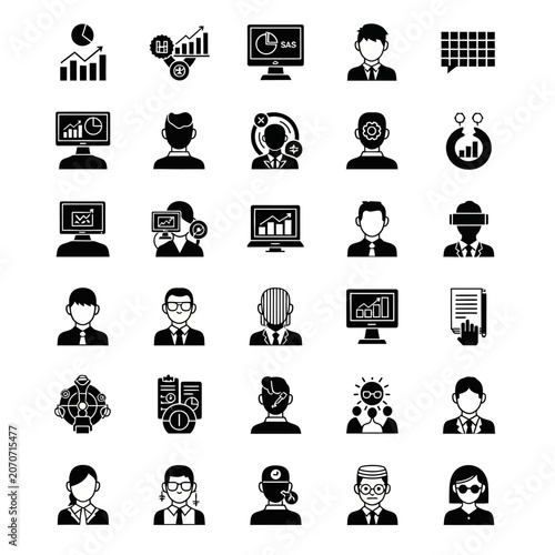 Diverse collection of business and technology icons.