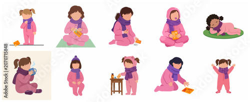 Foto Set of sick little girl characters in pink pajamas and scarf feeling unwell taki
