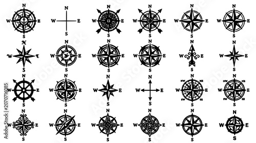 Compass Rose Icons Set with Wind Rose Navigation Symbols and Cardinal Directions in Black and White Vector Style